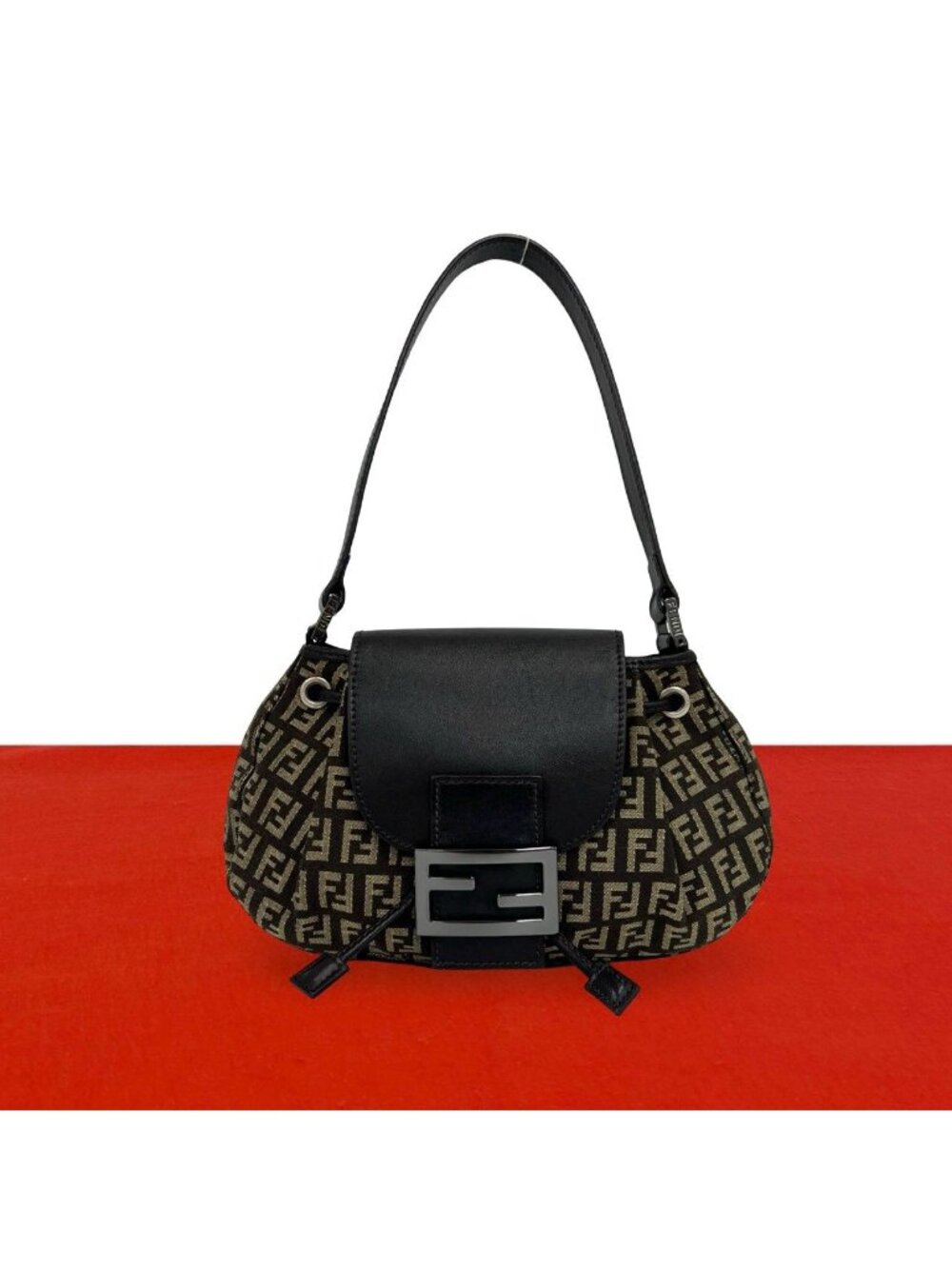 Fendi Zucchino FF Pattern Canvas Leather Shoulder Bag Brown Beige